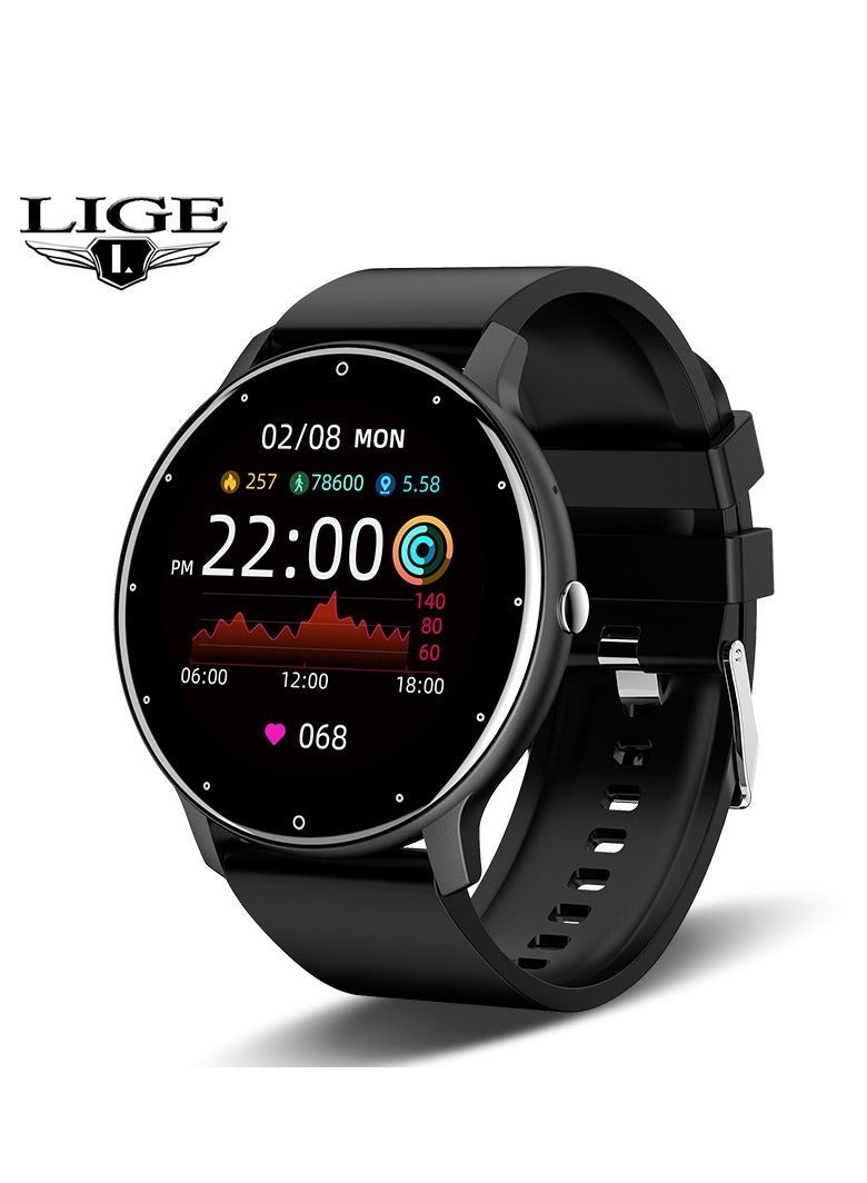 LIGE Smart Watch 1.28 inch Full Touch Screen Sport Tracker Watch Waterproof Bluetooth Silicone Strap Black for Men Women - Image 1