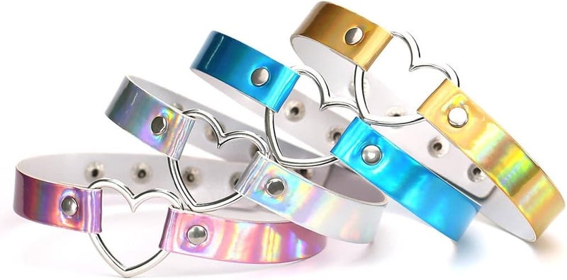 cheekyglo 4Pcs PU Leather Choker Necklace Gift for Women Holographic Choker Heart Metal Laser Collar Chocker Fashion Jewelry Colorful Leather - Image 3