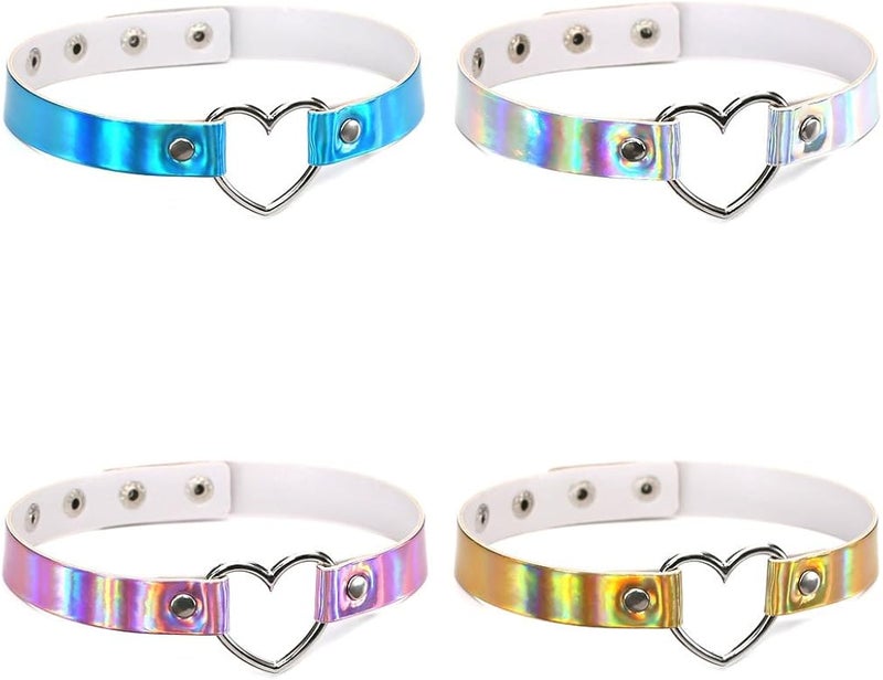 cheekyglo 4Pcs PU Leather Choker Necklace Gift for Women Holographic Choker Heart Metal Laser Collar Chocker Fashion Jewelry Colorful Leather - Image 1