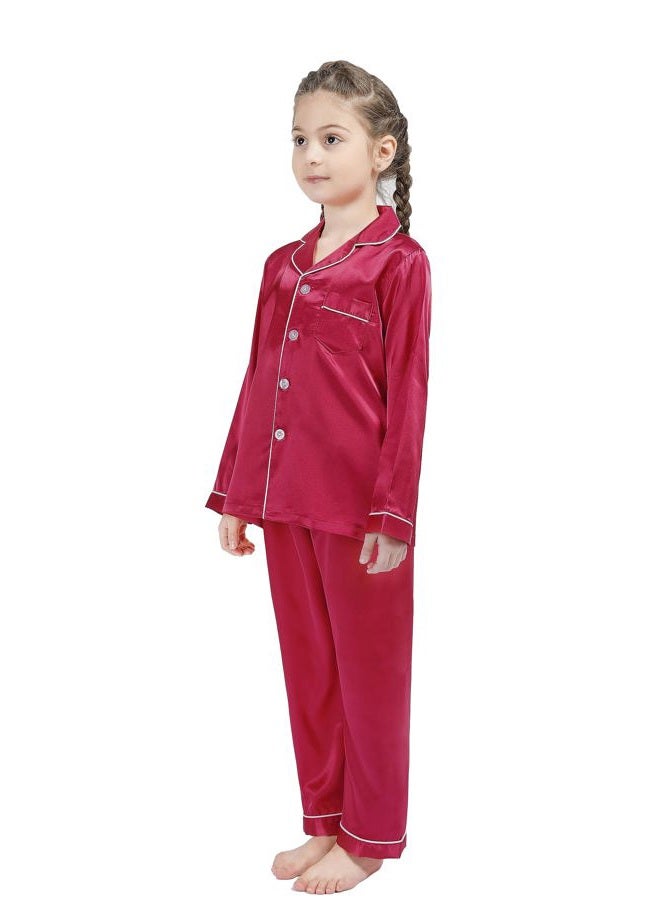 OEIU Children Kid Silky Satin Pajamas Set for Girls Boys pj Set Sleepwear Button-up Lounge Sets Nightwear Wine Red 160 - Image 5