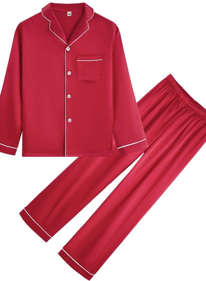 OEIU Children Kid Silky Satin Pajamas Set for Girls Boys pj Set Sleepwear Button-up Lounge Sets Nightwear Wine Red 160 - Image 1