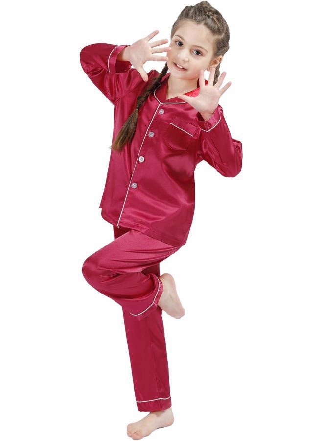 OEIU Children Kid Silky Satin Pajamas Set for Girls Boys pj Set Sleepwear Button-up Lounge Sets Nightwear Wine Red 160 - Image 2