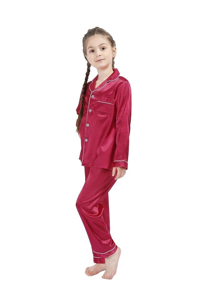 OEIU Children Kid Silky Satin Pajamas Set for Girls Boys pj Set Sleepwear Button-up Lounge Sets Nightwear Wine Red 160 - Image 4