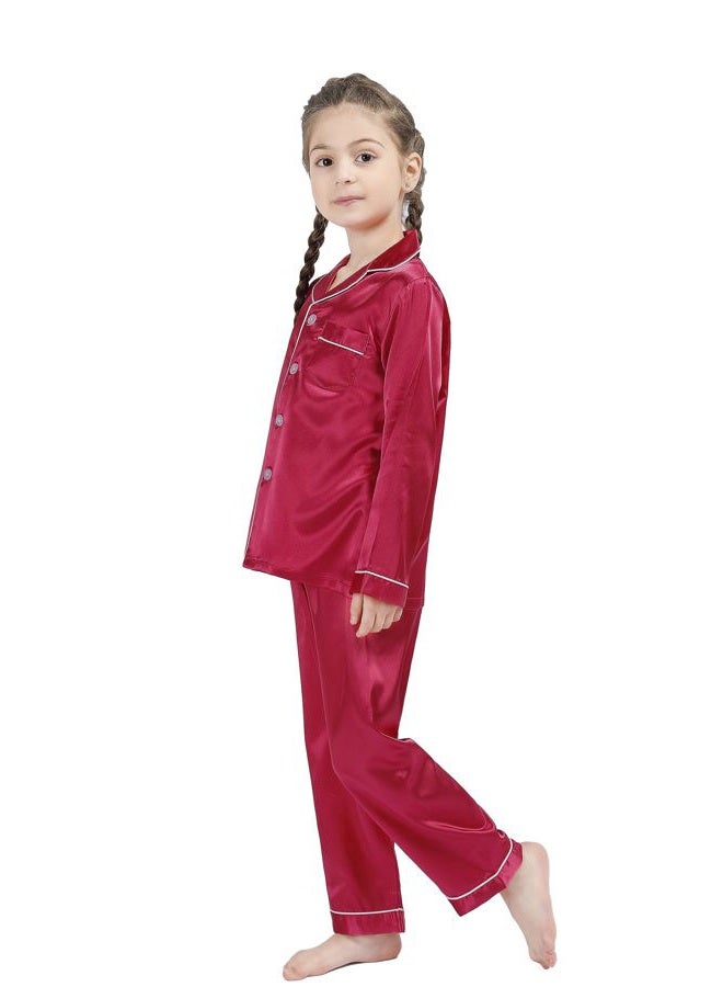 OEIU Children Kid Silky Satin Pajamas Set for Girls Boys pj Set Sleepwear Button-up Lounge Sets Nightwear Wine Red 160 - Image 3