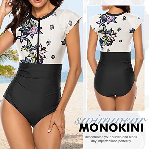 Wolddress Women Modest One Piece Bathing Suit Short Sleeve Tummy Control Swimsuit Zipper Surfing Athletic Rash Guard White Flower L - Image 5