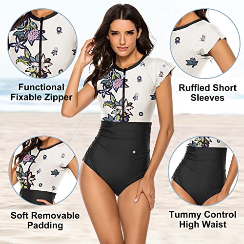 Wolddress Women Modest One Piece Bathing Suit Short Sleeve Tummy Control Swimsuit Zipper Surfing Athletic Rash Guard White Flower L - Image 2