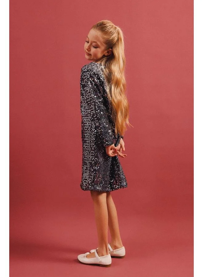 Perendi Girl's Sequin Long Sleeve Velvet Dress – Special Occasion Holiday Dress with Brooch Gift.