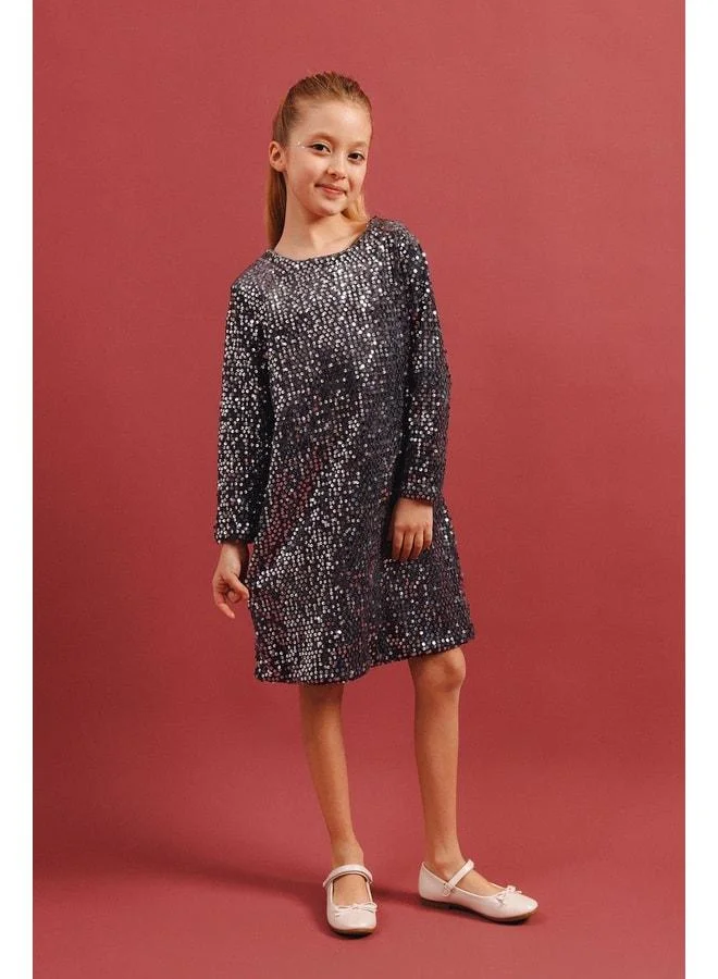 Perendi Girl's Sequin Long Sleeve Velvet Dress – Special Occasion Holiday Dress with Brooch Gift.