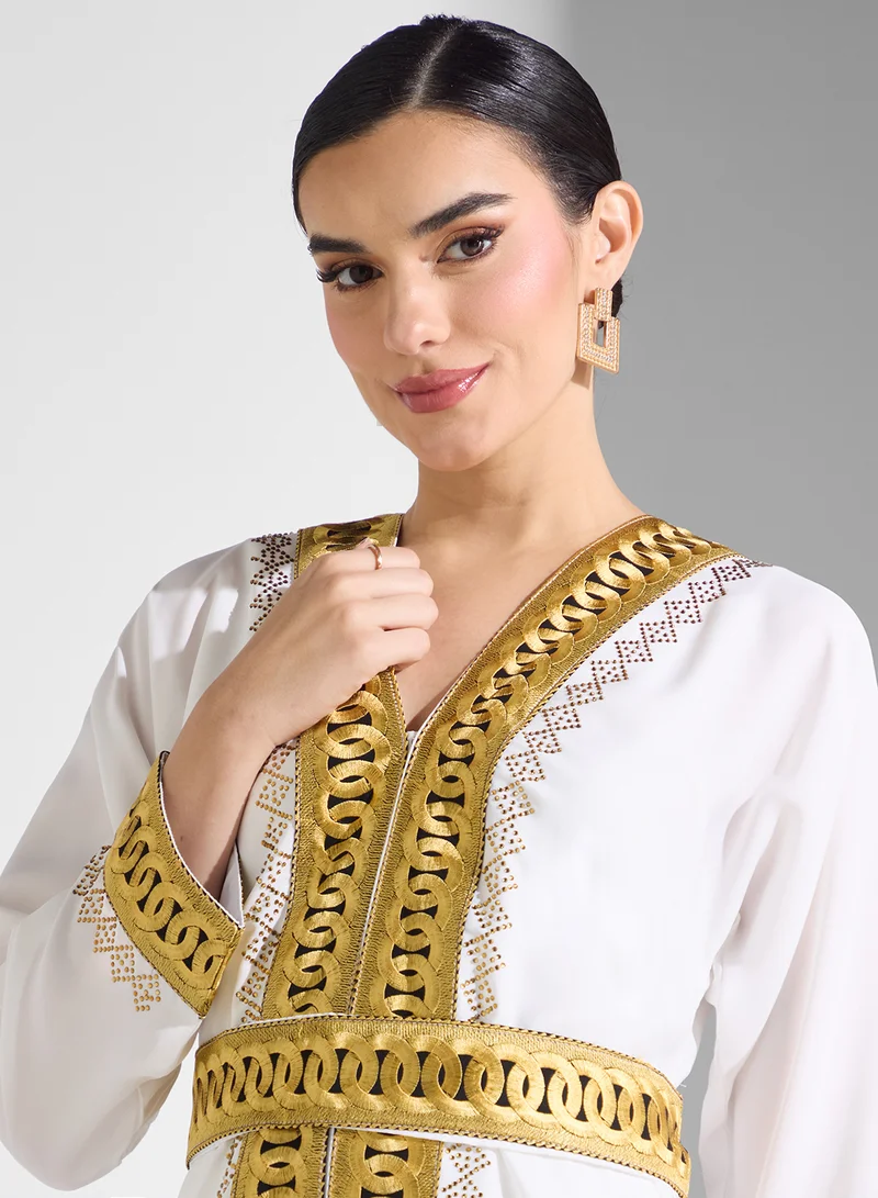 ARABIAN CLOSET Embroidered Open Abaya Wih Belt