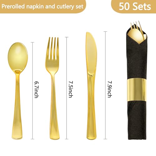 Dlebay 50 Pack Pre Rolled Gold Plastic Silverware Set,Wrapped Plastic Cutlery Set with Napkin Include 50 Forks,50 Spoons,50 Knives and 50 Black Napkins for Party, Wedding - Image 2