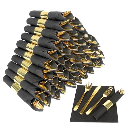 Dlebay 50 Pack Pre Rolled Gold Plastic Silverware Set,Wrapped Plastic Cutlery Set with Napkin Include 50 Forks,50 Spoons,50 Knives and 50 Black Napkins for Party, Wedding - Image 1