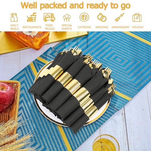 Dlebay 50 Pack Pre Rolled Gold Plastic Silverware Set,Wrapped Plastic Cutlery Set with Napkin Include 50 Forks,50 Spoons,50 Knives and 50 Black Napkins for Party, Wedding - Image 4