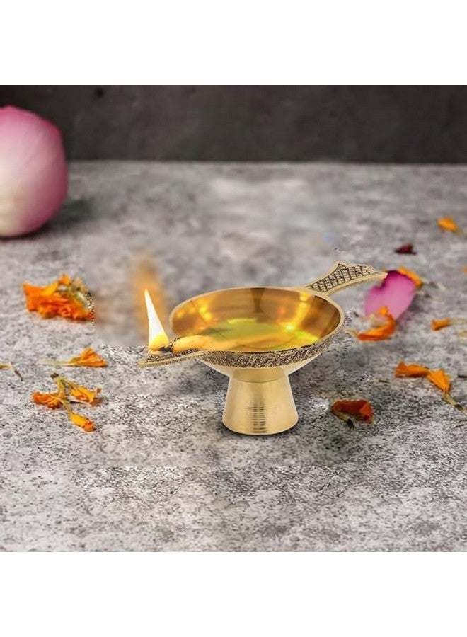 ROLIMOLI Brass Laxmi Handmade Oil Lamp With Golden Engraved Made Of Brass Metal Diya Vilakku For Puja Pooja. Traditional Indian Deepawali Gift Set Of 1 - Image 1