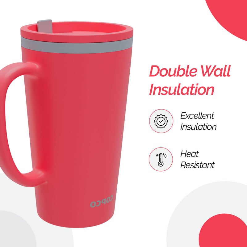 Copco Copco Cone 16oz Insulated Travel Mug with Handle  Double Wall  Slide-Closure Lid  BPA-Free  Microwave & Dishwasher Safe  Reusable Plastic Travel Coffee Tumbler - Portable Coffee Cup (Coral Red)  - Image 3