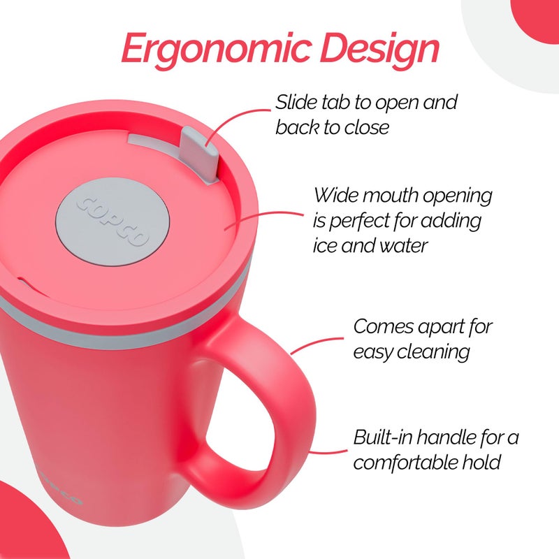 Copco Copco Cone 16oz Insulated Travel Mug with Handle  Double Wall  Slide-Closure Lid  BPA-Free  Microwave & Dishwasher Safe  Reusable Plastic Travel Coffee Tumbler - Portable Coffee Cup (Coral Red)  - Image 5