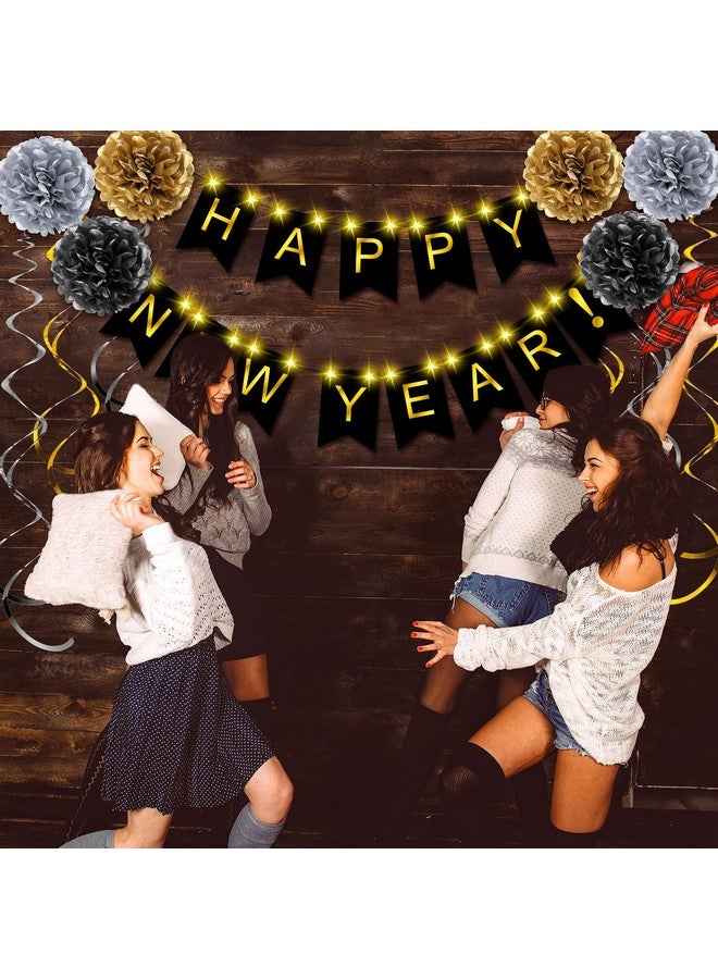TaoBary 15 Pcs New Year's Eve Party Supplies for 2025 Happy New Year Decorations Black Gold New Year Banner Swirl Streamers Pom Poms Glow Lights New Year's Eve Decorations Batteries Not Included - Image 4