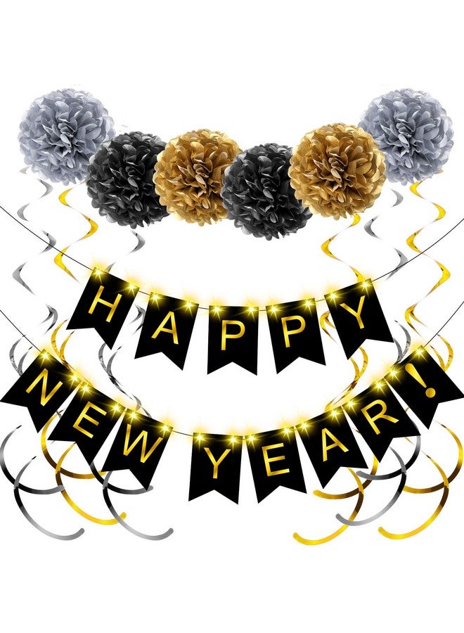 TaoBary 15 Pcs New Year's Eve Party Supplies for 2025 Happy New Year Decorations Black Gold New Year Banner Swirl Streamers Pom Poms Glow Lights New Year's Eve Decorations Batteries Not Included - Image 1