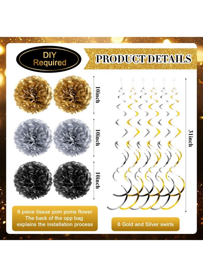 TaoBary 15 Pcs New Year's Eve Party Supplies for 2025 Happy New Year Decorations Black Gold New Year Banner Swirl Streamers Pom Poms Glow Lights New Year's Eve Decorations Batteries Not Included - Image 2