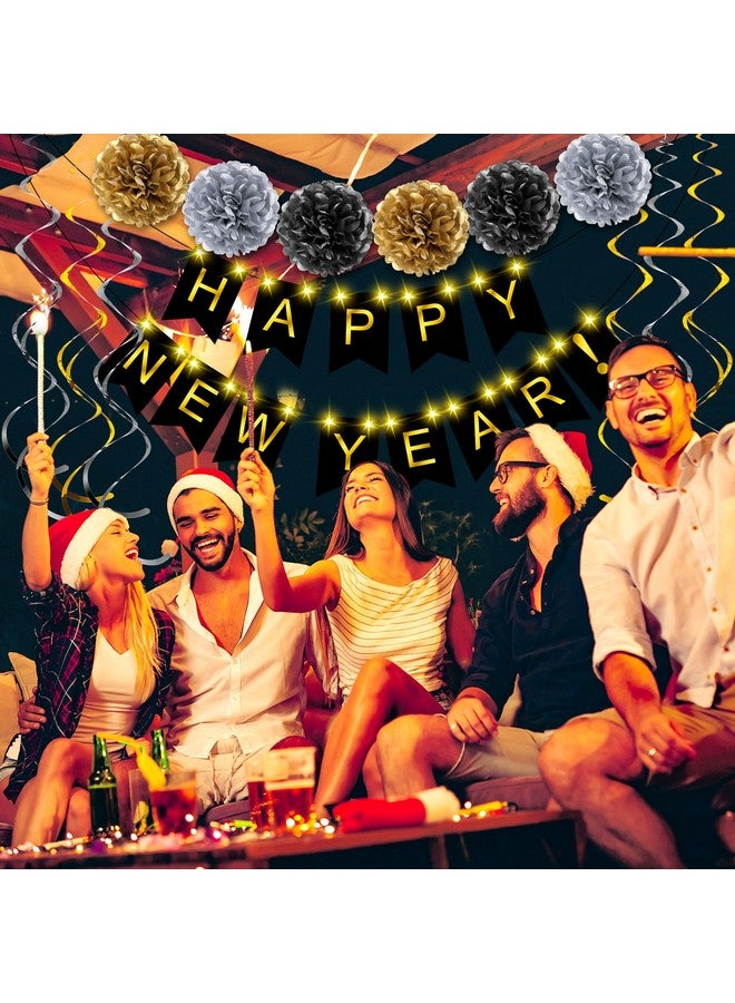 TaoBary 15 Pcs New Year's Eve Party Supplies for 2025 Happy New Year Decorations Black Gold New Year Banner Swirl Streamers Pom Poms Glow Lights New Year's Eve Decorations Batteries Not Included - Image 5