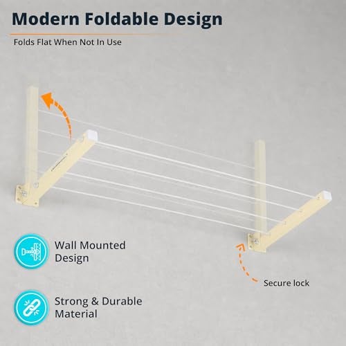 LIVINGBASICS Wall Mounted Cloth Drying Stand Folding with 40 Feet Rope/Foldable Clothes Drying Rack/Wall Hanging Cloth Dryer Stand/Hanging Clothes Dryer for Balcony, Bathroom, Indoor, Outdoor - Image 3