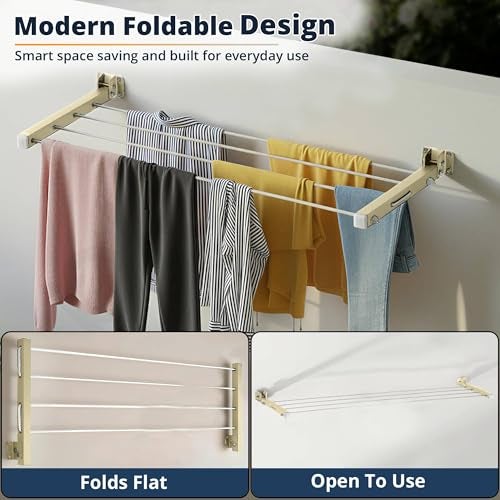 LIVINGBASICS Wall Mounted Cloth Drying Stand Folding with 40 Feet Rope/Foldable Clothes Drying Rack/Wall Hanging Cloth Dryer Stand/Hanging Clothes Dryer for Balcony, Bathroom, Indoor, Outdoor - Image 2