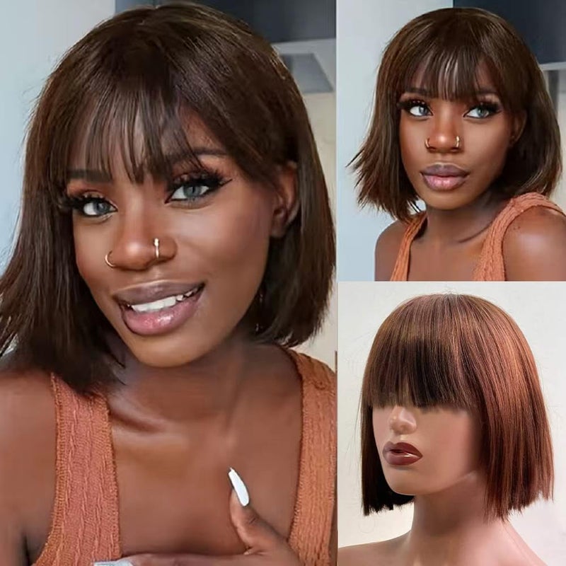 Rebasar Chocolate Brown Short Bob Wigs Human Hair Wear and Go Bob Wig With Bangs Human Hair Wigs for Black Women Glueless Brazilian Straight Hair None Lace Front Wig Dark Brown 8 Inch - Image 2