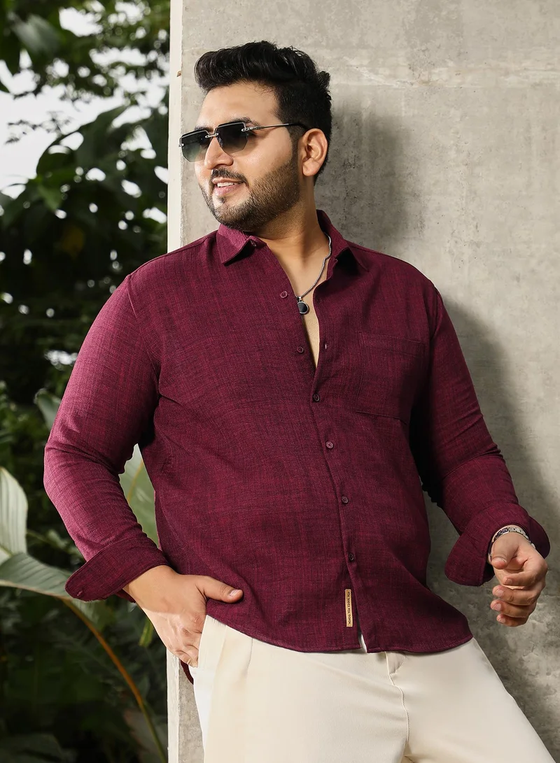 Instafab Plus Instafab Plus Men's Burgundy Red Heathered-Weave Regular Shirt | Spread Collar , Long Cuffed Sleeves , Button Closure , Curved Hemline | Solid Plain Cotton-Blend Material For Office & Casual Wear