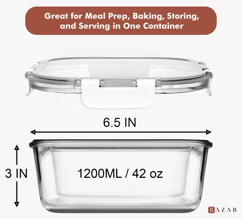 Razab 2 PC 1200ML / 41 Oz Glass Food Storage Containers with Lids - Airtight & Leakproof - Microwave/Oven/Freezer Safe - BPA Free - Ideal for Meal Prep, Storing Leftover & Lunch - Image 2