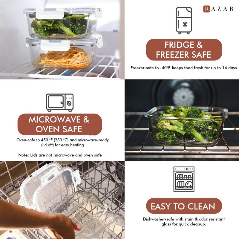 Razab 2 PC 1200ML / 41 Oz Glass Food Storage Containers with Lids - Airtight & Leakproof - Microwave/Oven/Freezer Safe - BPA Free - Ideal for Meal Prep, Storing Leftover & Lunch - Image 5