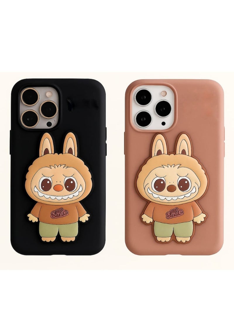 Case Club 2 pcs Combo Labubu Cartoon Case Combo for iPhone 16 Pro Max – 3D Character Grip Stand, Soft Silicone Shockproof Back Cover – Black & Brown - Image 1