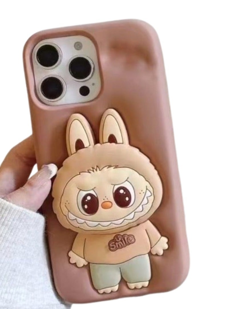 Case Club 2 pcs Combo Labubu Cartoon Case Combo for iPhone 16 Pro Max – 3D Character Grip Stand, Soft Silicone Shockproof Back Cover – Black & Brown - Image 3