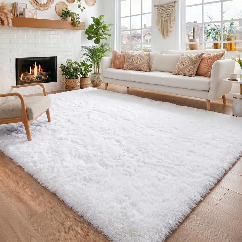 Amdrebio White Area Rugs for Bedroom, Shag Fluffy Rug for Living Room, Modern Furry Shaggy Throw Rug for Kids Room, Teen Girls, Dorm, Baby Nursery, Cute Fuzzy Fur White Carpet, 4x6 Rug, Home Decor - Image 1