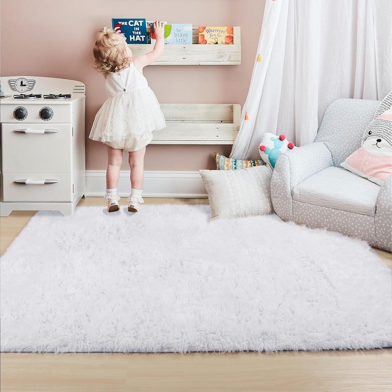 Amdrebio White Area Rugs for Bedroom, Shag Fluffy Rug for Living Room, Modern Furry Shaggy Throw Rug for Kids Room, Teen Girls, Dorm, Baby Nursery, Cute Fuzzy Fur White Carpet, 4x6 Rug, Home Decor - Image 5