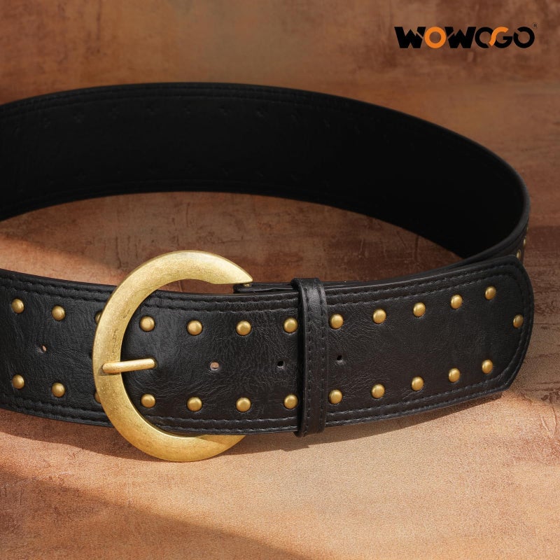 WOWOGO Black Wide Chunky Leather Belts for Women 2.3" Western Vintage Boho Studded Thick Waist Belt for Dresses - Image 4