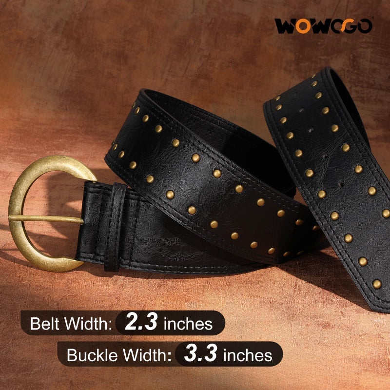 WOWOGO Black Wide Chunky Leather Belts for Women 2.3" Western Vintage Boho Studded Thick Waist Belt for Dresses - Image 3