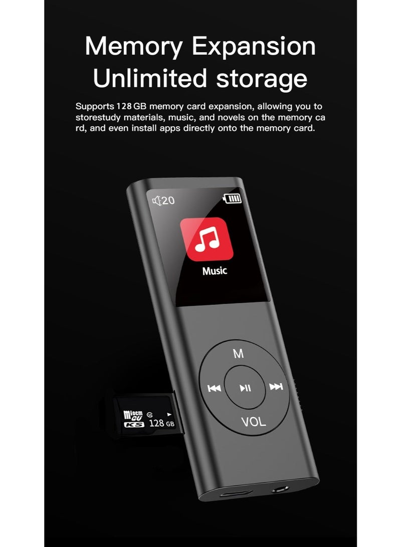 SANMUDII Bluetooth MP3 player with 128GB of storage, featuring a smart system with a vibrant UI and an IPS HD display. Includes a built-in speaker, FM radio, voice recording, and e-book compatibility. Designed specifically for sports and running, this portable media player makes an excellent gift for classmates, friends, family, or students—perfect for the holidays (Black) - Image 2