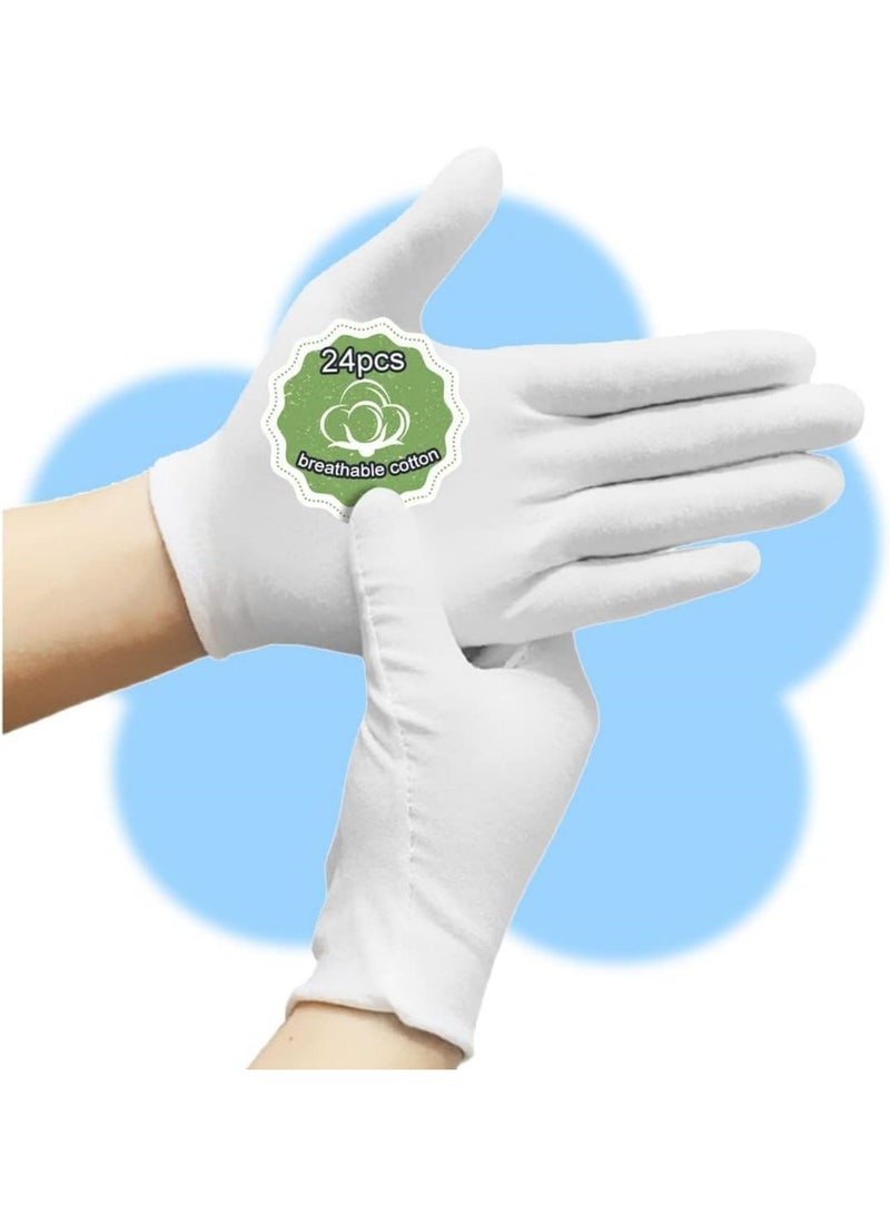 saykfoe 24Pcs White Cotton Gloves, Cotton Gloves for Dry Hands White Gloves Women and for Men Washed Glove Liners for Coin Jewelry Silver Inspection (XL) - Image 1