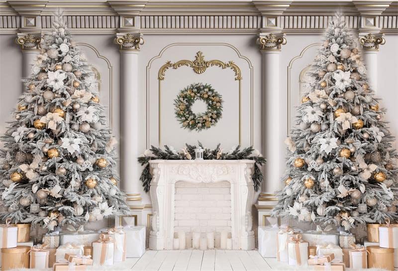 Kate 75ft 2215m Christmas Tree Photo Backdrop Xmas Palace Classic Indoor White Fireplace Gifts Decoration Photography Background for Christmas New Year Photographer Studio Props