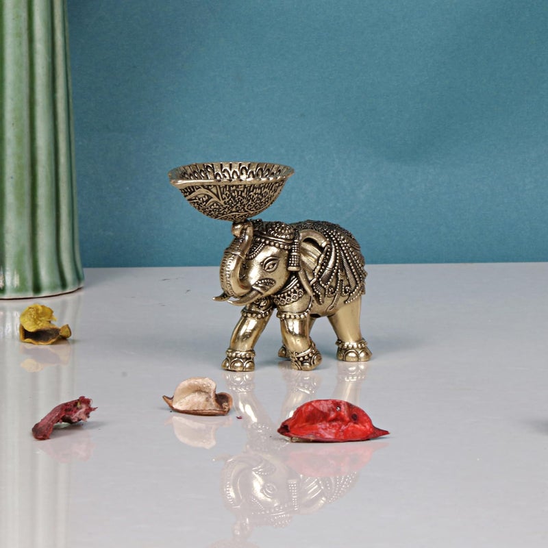 ARTVARKO Artvarko Brass Maharaja Elephant Diya Upraised Trunk Vastu Hathi Oil Lamp Good Luck Success Prosperity Gift Light Weight Small Size 10x4x6 cm  - Image 1