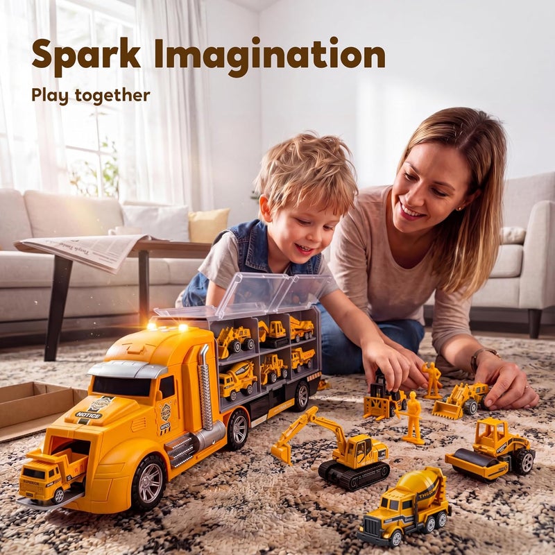 JOYIN 25-in-1 Construction Truck Toy Set with 12 Vehicles & 12 Worker Figures, Push and Go Toy Trucks with Sound and Light, Construction Toys Birthday Gifts for Kids 3 4 5 6 7 Years Old - Image 4