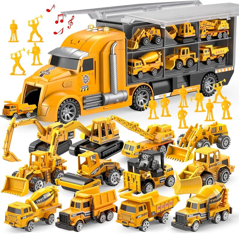 JOYIN 25-in-1 Construction Truck Toy Set with 12 Vehicles & 12 Worker Figures, Push and Go Toy Trucks with Sound and Light, Construction Toys Birthday Gifts for Kids 3 4 5 6 7 Years Old - Image 1