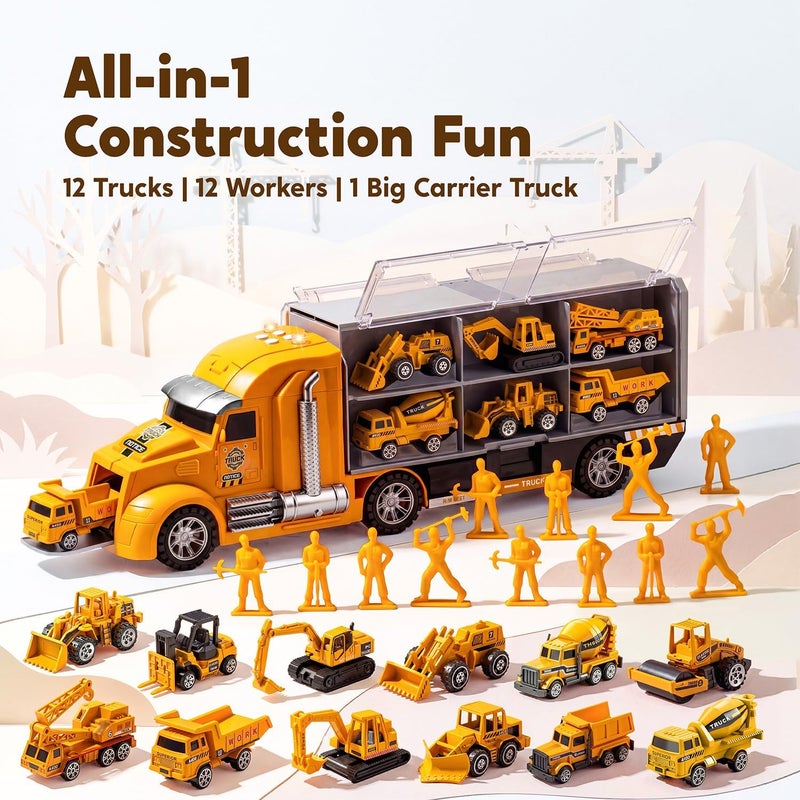 JOYIN 25-in-1 Construction Truck Toy Set with 12 Vehicles & 12 Worker Figures, Push and Go Toy Trucks with Sound and Light, Construction Toys Birthday Gifts for Kids 3 4 5 6 7 Years Old - Image 2