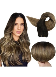 Sew in Hair Extensions Black Ombre Weft Bundles Human Hair 14inch Natural Black to Dark Brown Mix Caramel Brown 105g Real Human Hair Weft Extensions Black Ombre Invisible for Women