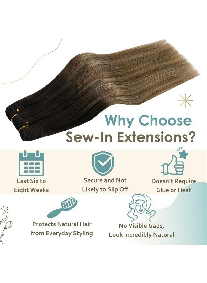 Full Shine - Sew in Hair Extensions Black Ombre Weft Bundles Human Hair 14inch Natural Black to Dark Brown Mix Caramel Brown 105g Real Human Hair Weft Extensions Black Ombre Invisible for Women - Image 1