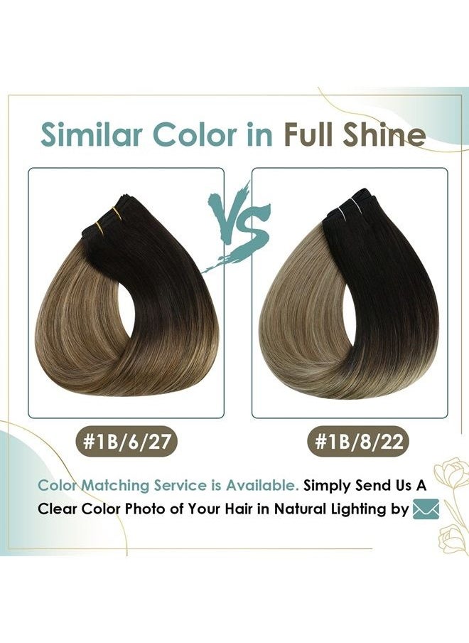 Full Shine - Sew in Hair Extensions Black Ombre Weft Bundles Human Hair 14inch Natural Black to Dark Brown Mix Caramel Brown 105g Real Human Hair Weft Extensions Black Ombre Invisible for Women - Image 1