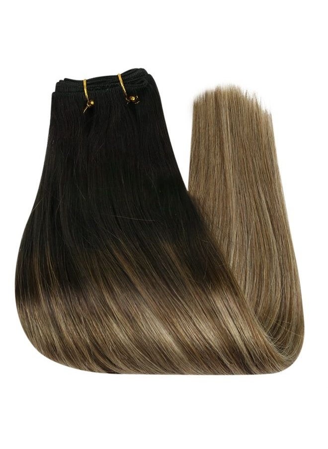 Full Shine - Sew in Hair Extensions Black Ombre Weft Bundles Human Hair 14inch Natural Black to Dark Brown Mix Caramel Brown 105g Real Human Hair Weft Extensions Black Ombre Invisible for Women - Image 1