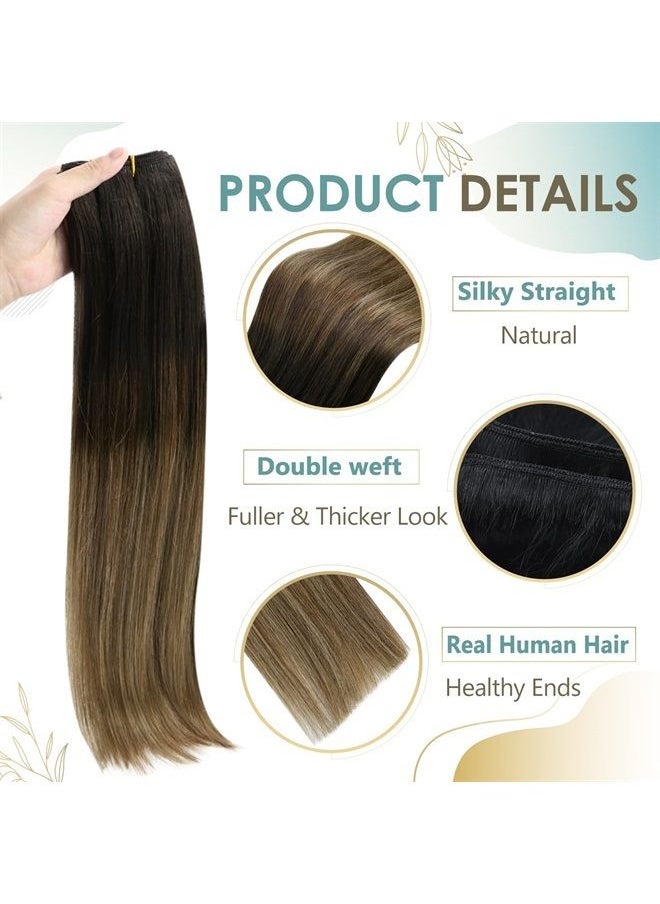 Full Shine - Sew in Hair Extensions Black Ombre Weft Bundles Human Hair 14inch Natural Black to Dark Brown Mix Caramel Brown 105g Real Human Hair Weft Extensions Black Ombre Invisible for Women - Image 1