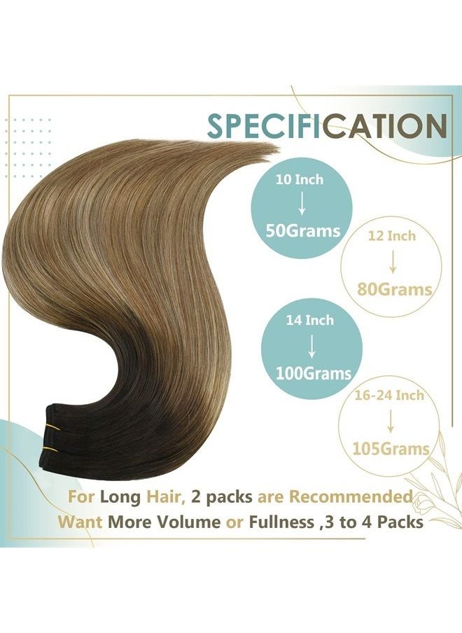Full Shine - Sew in Hair Extensions Black Ombre Weft Bundles Human Hair 14inch Natural Black to Dark Brown Mix Caramel Brown 105g Real Human Hair Weft Extensions Black Ombre Invisible for Women - Image 1