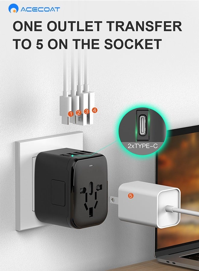 ACECOAT Universal 5 in 1 International Travel Plug Adapter with 3.5A 2 USB-A and 2 USB-C Chargers, Worldwide AC Outlet for Europe USA UK Australia Asia, Black for Home and Outdoor Use - Image 3