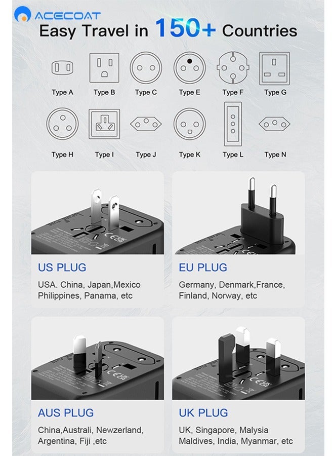 ACECOAT Universal 5 in 1 International Travel Plug Adapter with 3.5A 2 USB-A and 2 USB-C Chargers, Worldwide AC Outlet for Europe USA UK Australia Asia, Black for Home and Outdoor Use - Image 2